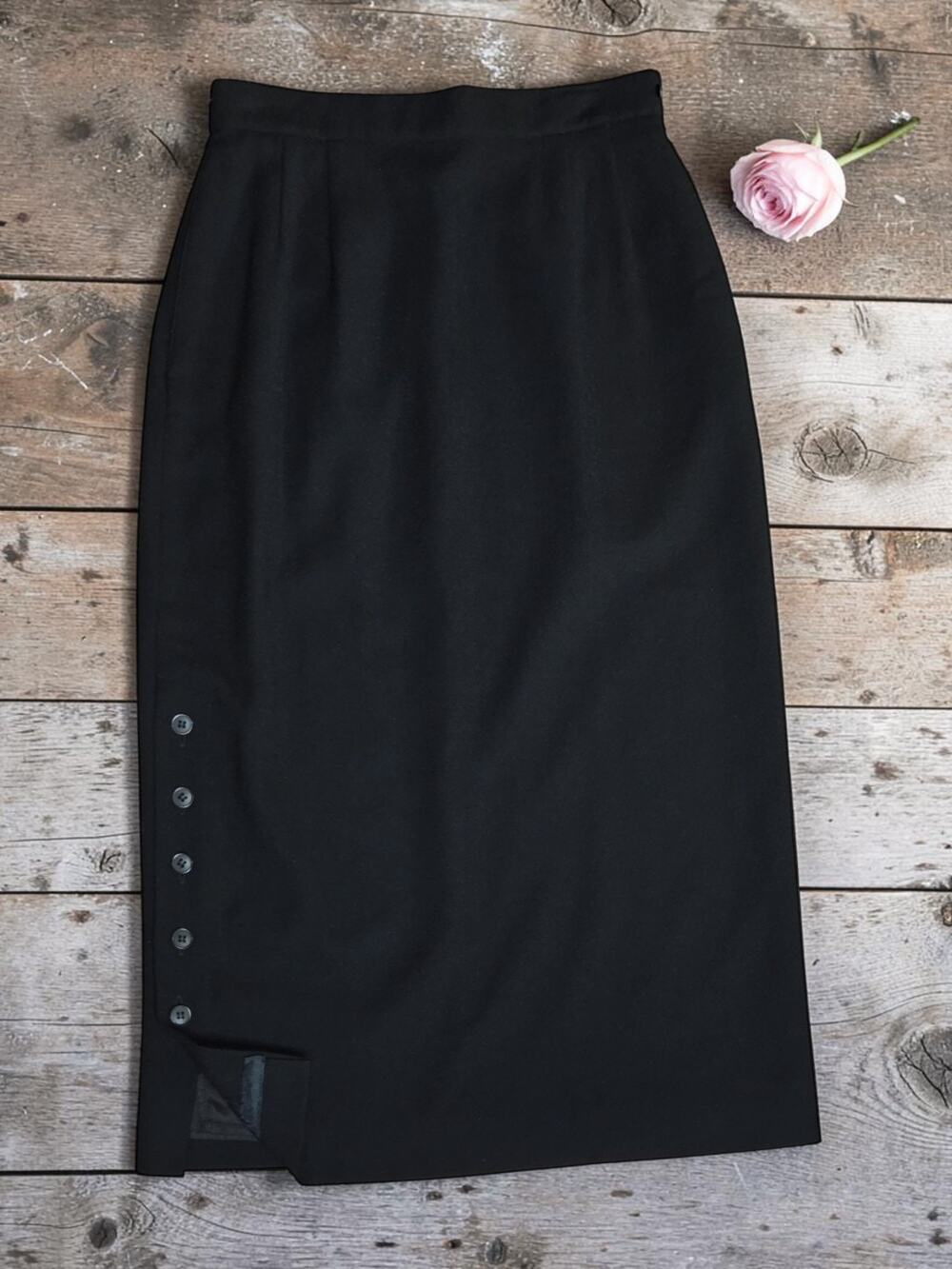 Vintage 80's Intuitions Black Button Side Long Midi 100% Pure Wool Skirt S 2 4